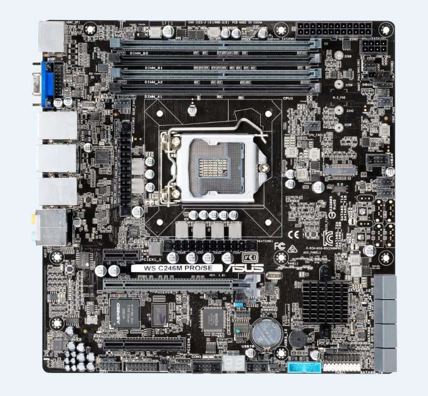 ASUS WS C246M PRO/SE, 1 x Socket LGA1151, Intel C246 Chipset,4x DDR4 2666  UDIMM non-ECC/ECC, 3x PCIe 3.0, 8x SATA, Intel Rapid Storage Technology, 1x Intel® I210AT + 1 xMgmt LAN, 1x i219-LM, 2x USB 2.0, 1x USB 3.0, 1x M.2, 1x VGA Header, micro-ATX
