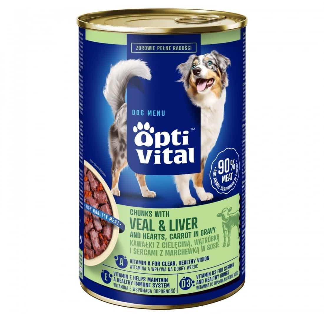 OptiVital puszka -soczyste kawałki dla dorosłych psów z cielęciną oraz  wątróbką drobiową w sosie 1250g