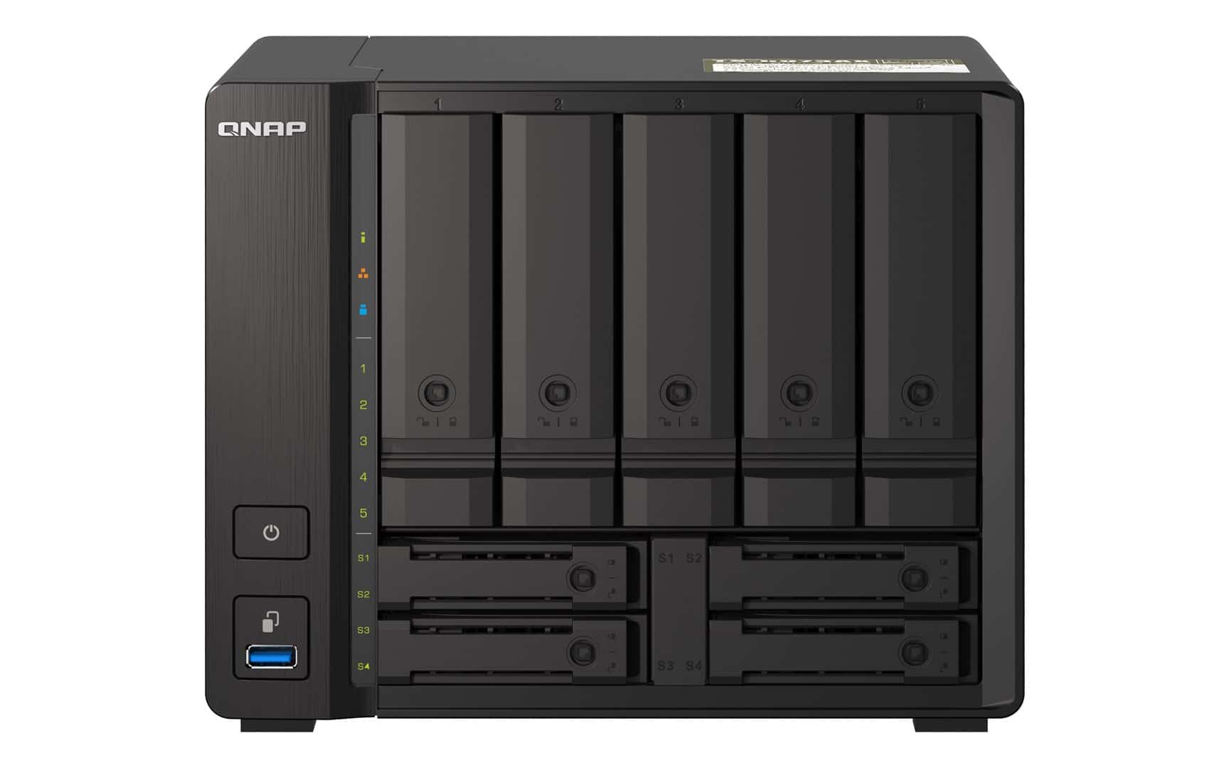 Qnap TS-h973AX-8G, Tower, 5 x 2.5"/3.5" SATA + 2 x 2.5" U.2 NVMe/SATA+ 2 x 2.5" SATA, AMD Ryzen V1500B 4C/8T, 8GB DDR4 SODIMM (max. 64GB), 2 x 2.5GbE + 1 x 10GbE, External adapter (PSU)