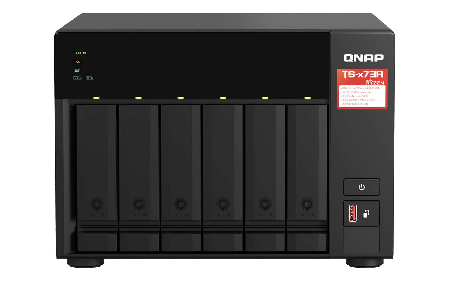 Qnap TS-673A-8G, Tower, 6 x 2.5"/3.5" SATA, AMD Ryzen V1500B 4C/8T, 8GB DDR4 (Max. 64GB), 2 x 2.5GbE, optional 10GbE, Single PSU, 250W