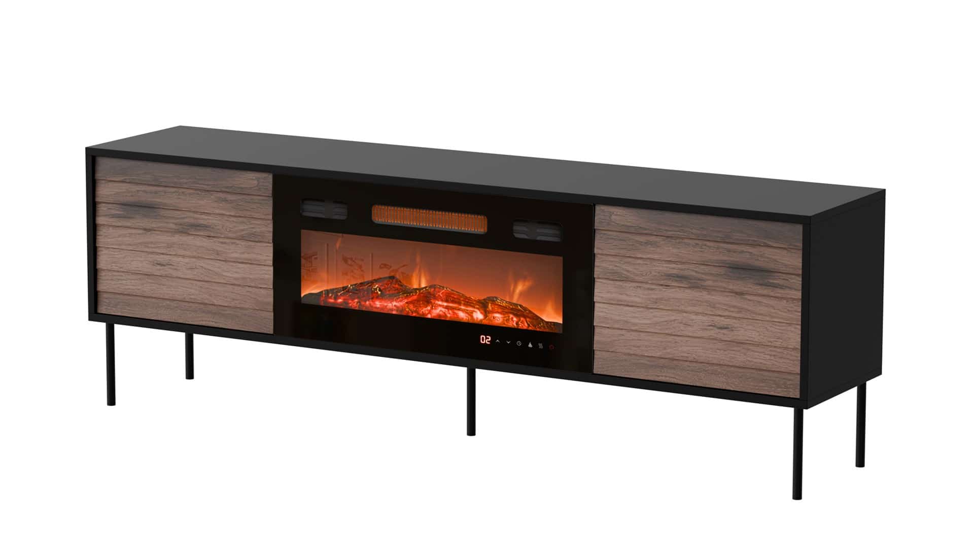 Szafka RTV CORTINA 180x40x60 czarny/orzech + kominek czarny