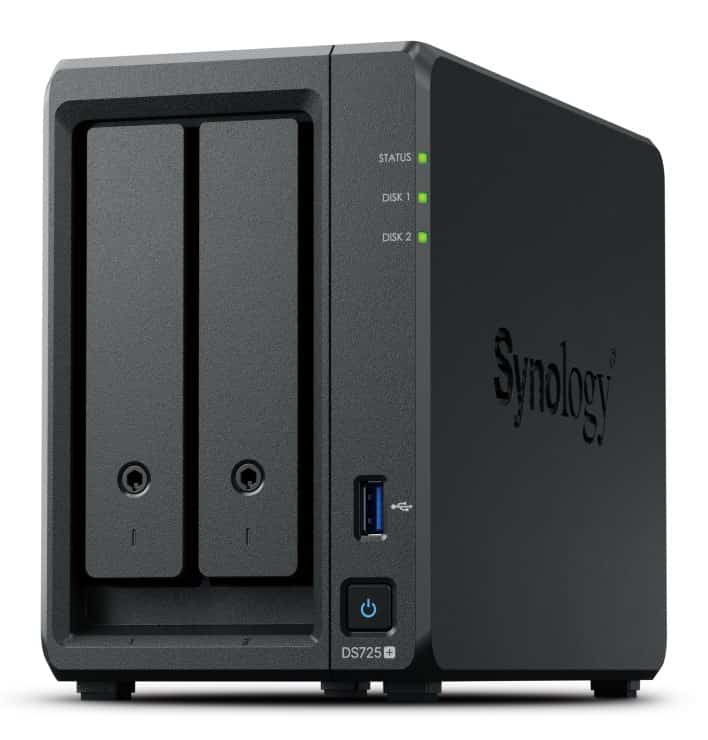 NAS Synology DS725+, Tower, 2x 2.5"/3.5" SATA + 2x M.2 2280 NVMe SSD; AMD Ryzen R1600; 4GB DDR4 (max.32GB), 1x 1GbE RJ-45, 1x 2.5GbE RJ-45, 1x USB 3.2, adapter 65W
