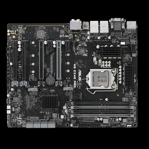 ASUS WS C246 PRO 1 x Socket LGA1151 Intel C246 Chipset, 4x DDR4 2666  UDIMM non-ECC/ECC, 6x PCIe 3.0, 8x SATA, 2x USB 2.0, 5x USB 3.0, 2x M.2, 2x USB 3.1, 1x HDMI, 1x DisplayPort, 1x DVI-D, 2x RJ-45 ports, 8-channel Audio I/O ports (5+1 Audio jacks), ATX
