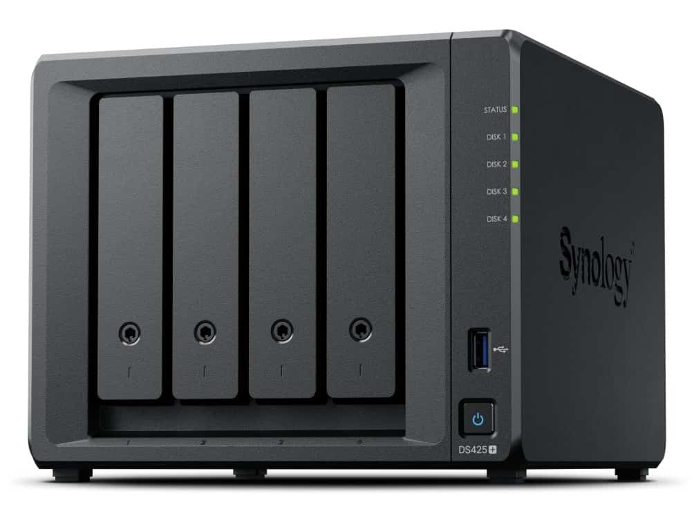 NAS Synology DS425+, Tower, 4x (3.5" SATA HDD/ 2.5" SATA SSD), 2 x M.2, Intel Celeron J4125, 2 GB DDR4 non-ECC (max.6GB), 1x 1GbE RJ-45; 1x 2.5GbE RJ-45, 2x USB 3.2.1 - TYLKO dyski Synology