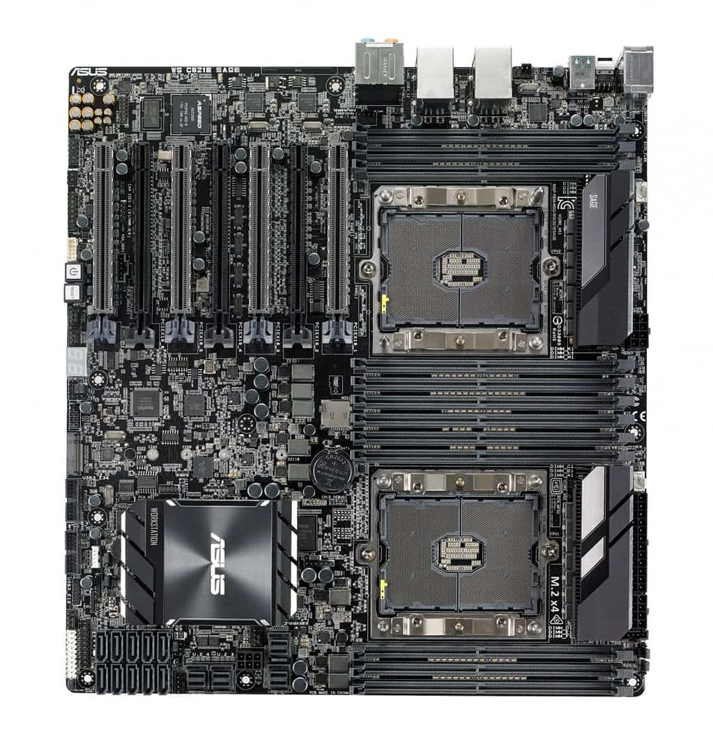 ASUS WS C621E SAGE Intel C621, 2x Socket P (LGA 3647), 12x EEB Workstation DDR4 2933 RDIMM/LRDIMM, Aspeed AST2500 with 64 MB VRAM , 7x PCIe 3.0, 10 x SATA, 4x U.2, 1x M.2 Socket 3, 2x 1Gb I210-AT,  Realtek S1220A 7.1, EEB Workstation
