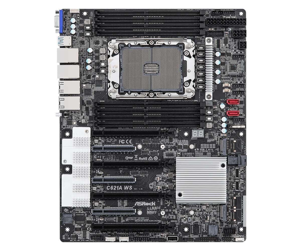 ASROCK C621A WS 1xLGA4189 Socket (Socket P+), 8xDDR4 3200 RDIMM/LRDIMM, 4xPCIe 4.0x16, 3xPCIe 4.0x8, 1xD-Sub, 2xSATA3, 1xMini-SAS HD, 1xUltra M.2 Socket, 1xM.2 Socket, 2x USB3.2 type-C, 6xUSB3.2 Gen1, 3xUSB2.0, 2x10 GbE LAN(Intel® X710-AT2), 2x1 GbE LAN(I