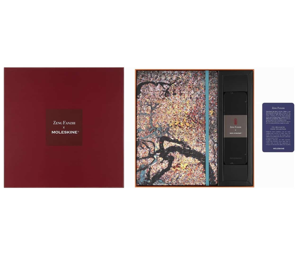 Moleskine Zestaw na Rok Smoka zawiera szkicownik A4 z grafiką autorstwa Zeng Fanzhi, 5 kredek z cytatami artysty.