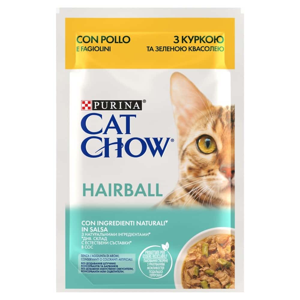 Purina Cat Chow Hairball z kurczakiem i zieloną fasolką w sosie - mokra karma dla kota - 85 g