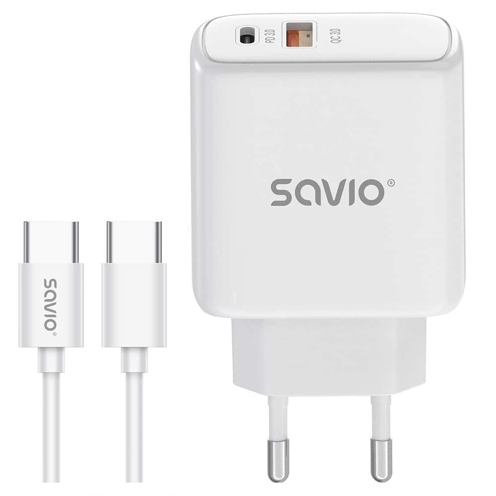 SAVIO ŁADOWARKA SIECIOWA 20W + KABEL QUICK CHARGE POWER DELIVERY 3.0 BIAŁA LA-13