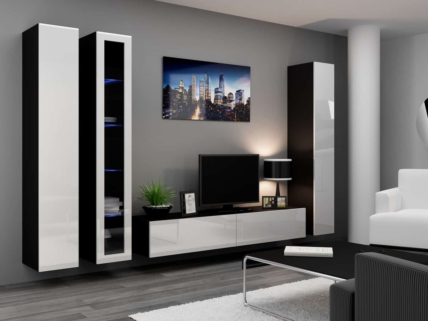 Witryna Vigo 180x40x30 cm, czarno-biała, połysk