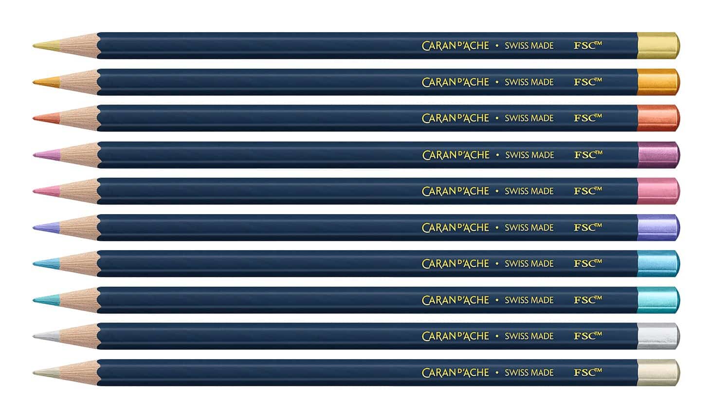 CARAN D'ACHE Kredki Cosmic Blue, 10 metalicznych kredek z drewna cedrowego w gwieździstym pudełku.