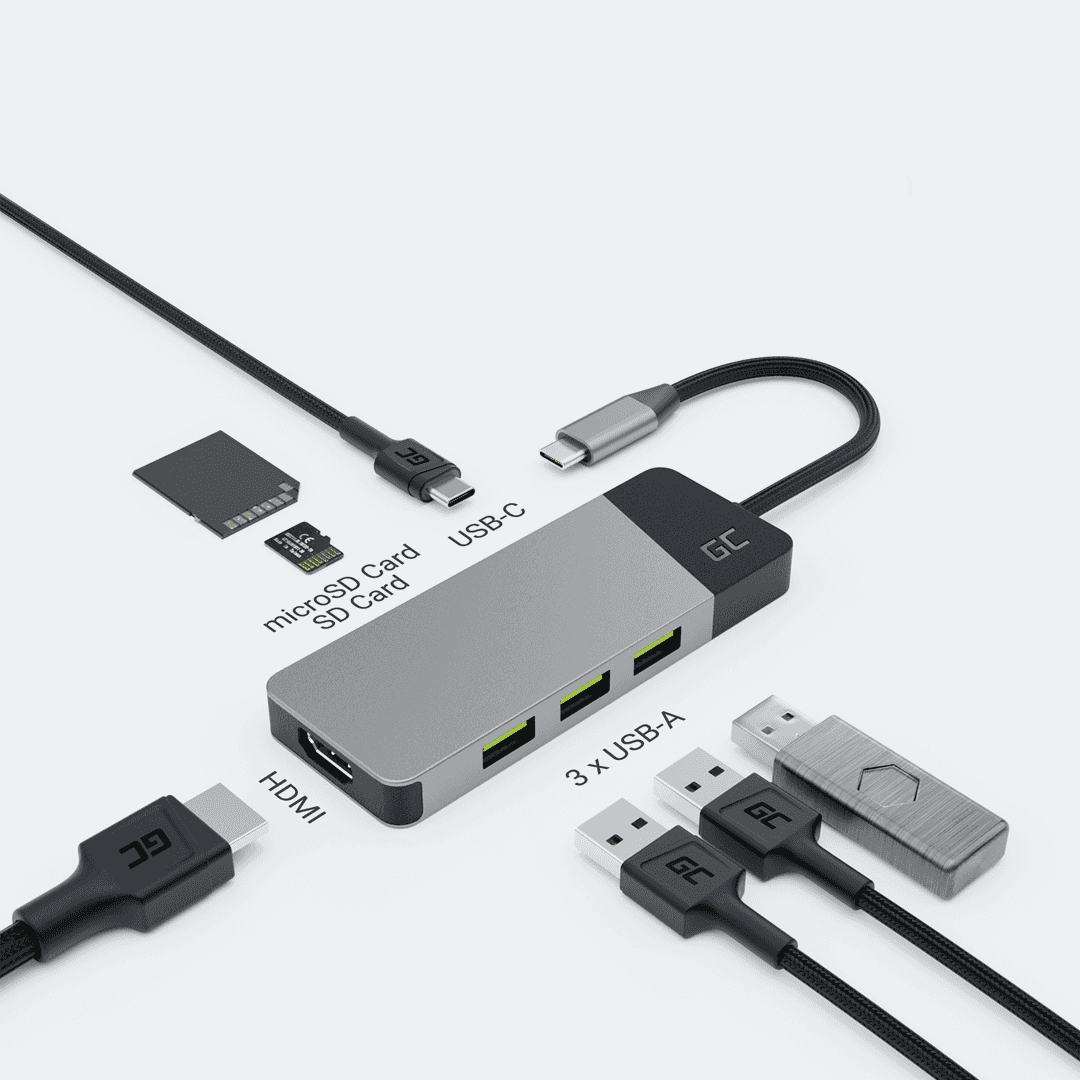 GREEN CELL HUB USB-C ADAPTER GC CONNECT 7W1 - 3 USB 3.1, HDMI 4K, USB-C PD 85W