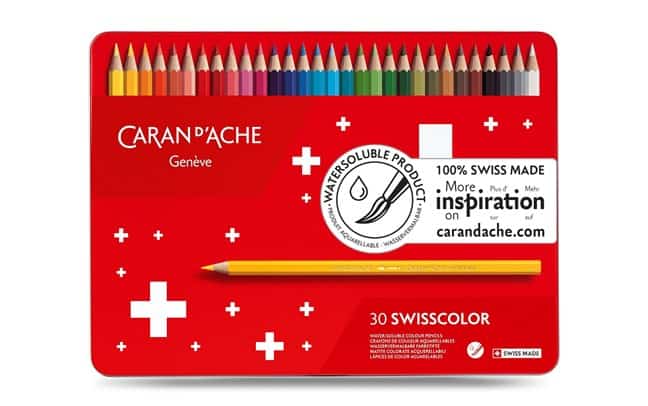 CARAN D'ACHE Kredki Swisscolor Aquarelle, 30 szwajcarskich kredek akwarelowych, z możliwością malowania na sucho lub mokro, w czerwonym pudełku.