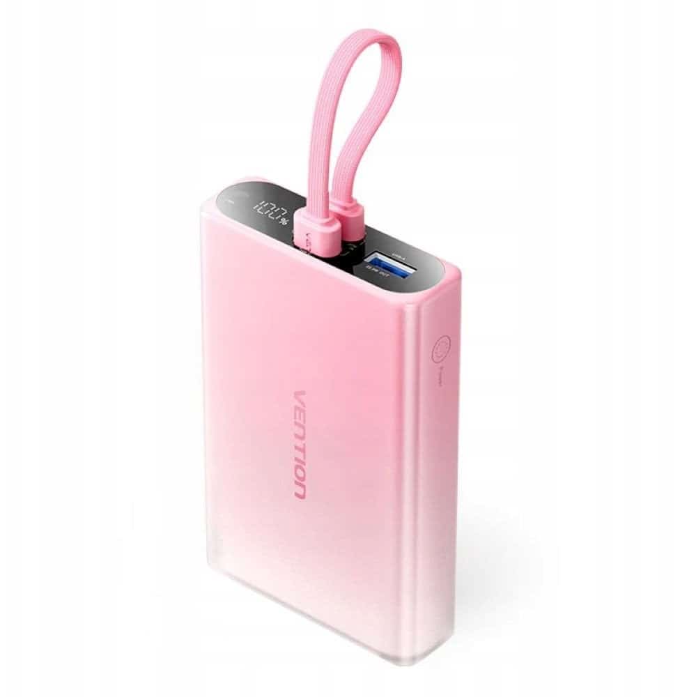 Powerbank Vention 10000 mAh USB-C + Lightning + USB-A 22,5W z wyświetlaczem LED różowy