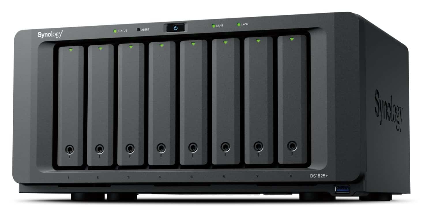 NAS Synology DS1825+, Tower, 8x 2.5"/3.5" SATA + 2x M.2 2280 NVMe SSD, AMD Ryzen V1500B, 8GB DDR4 (max.32GB), 2x 2.5GbE RJ-45, 3x USB 3.2, adapter 250W