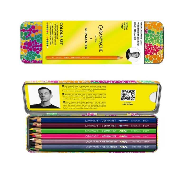 CARAN D'ACHE Kredki Germanier, 13 unikatowych kredek z drewna cedrowego w neonowych, metalicznych i akwarelowych kolorach, w holograficznym etui wraz z dostępem do ekskluzywnych warsztatów online z projektantem mody.