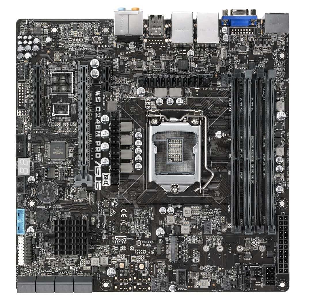 ASUS WS C246M PRO , 1 x Socket LGA1151, Intel C246 Chipset,4x DDR4 2666  UDIMM non-ECC/ECC, 3x PCIe 3.0, 8x SATA, Intel Rapid Storage Technology, 1x Intel® I210AT, 1x i219-LM, 2x USB 2.0, 1x USB 3.0, 1x M.2, 1x VGA Header, micro-ATX