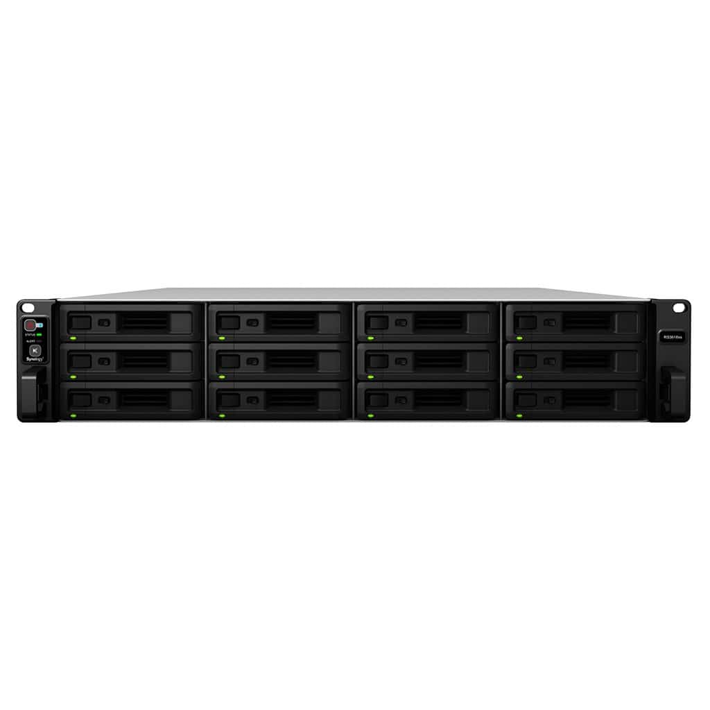 NAS Synology RS3618xs; 2U RACK; 12x (3.5" SATA HDD/2.5" SATA HDD); Intel Xeon D-1521; 8 GB DDR4 ECC UDIMM (max. 64GB), 4x 1GbE RJ-45