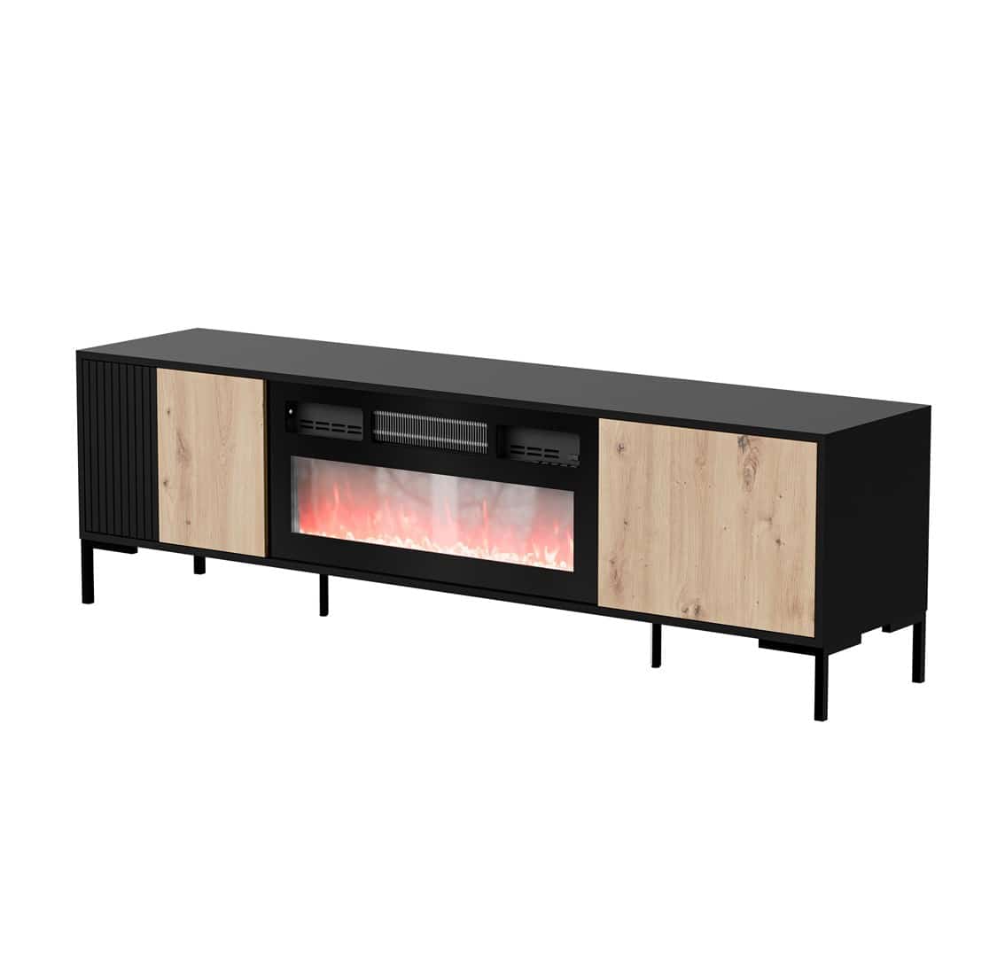 Szafka RTV MERCI 180x40x53,5 czarny/dęb artisan + kominek