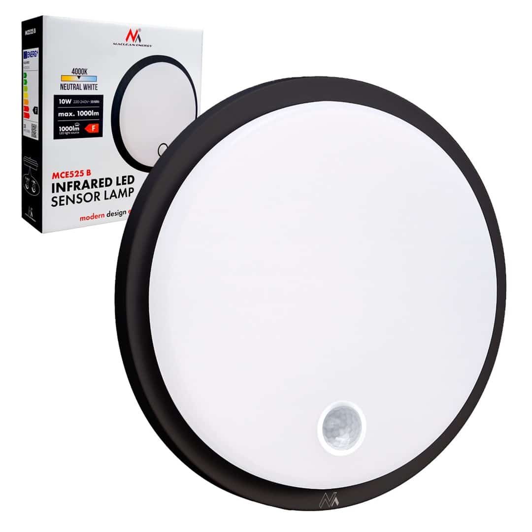 MACLEAN LAMPA LED Z CZUJNIKIEM RUCHU, CZUJNIK PIR, KOLOR CZARNY, 10W, IP65, 1000LM, BARWA NEUTRALNA MCE525 B