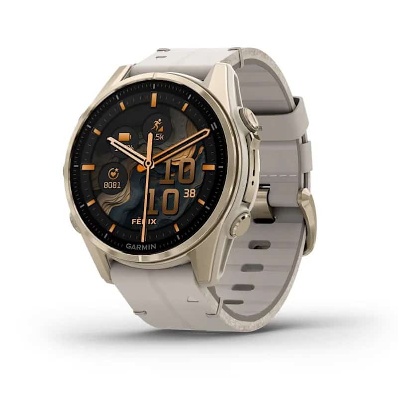Garmin Fenix 8 43mm AMOLED Sapphire Tytan Soft Gold ze skórzanym paskiem Limestone
