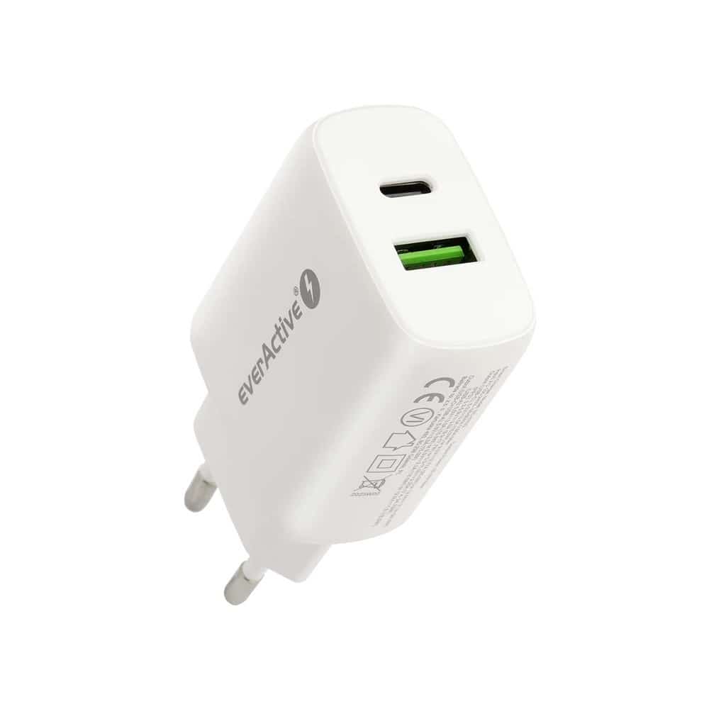 EVERACTIVE ŁADOWARKA SIECIOWA 1 X USB QUICK CHARGE 3.0 ORAZ 1 X USB-C PD PPS 25W BIAŁA SC-370Q