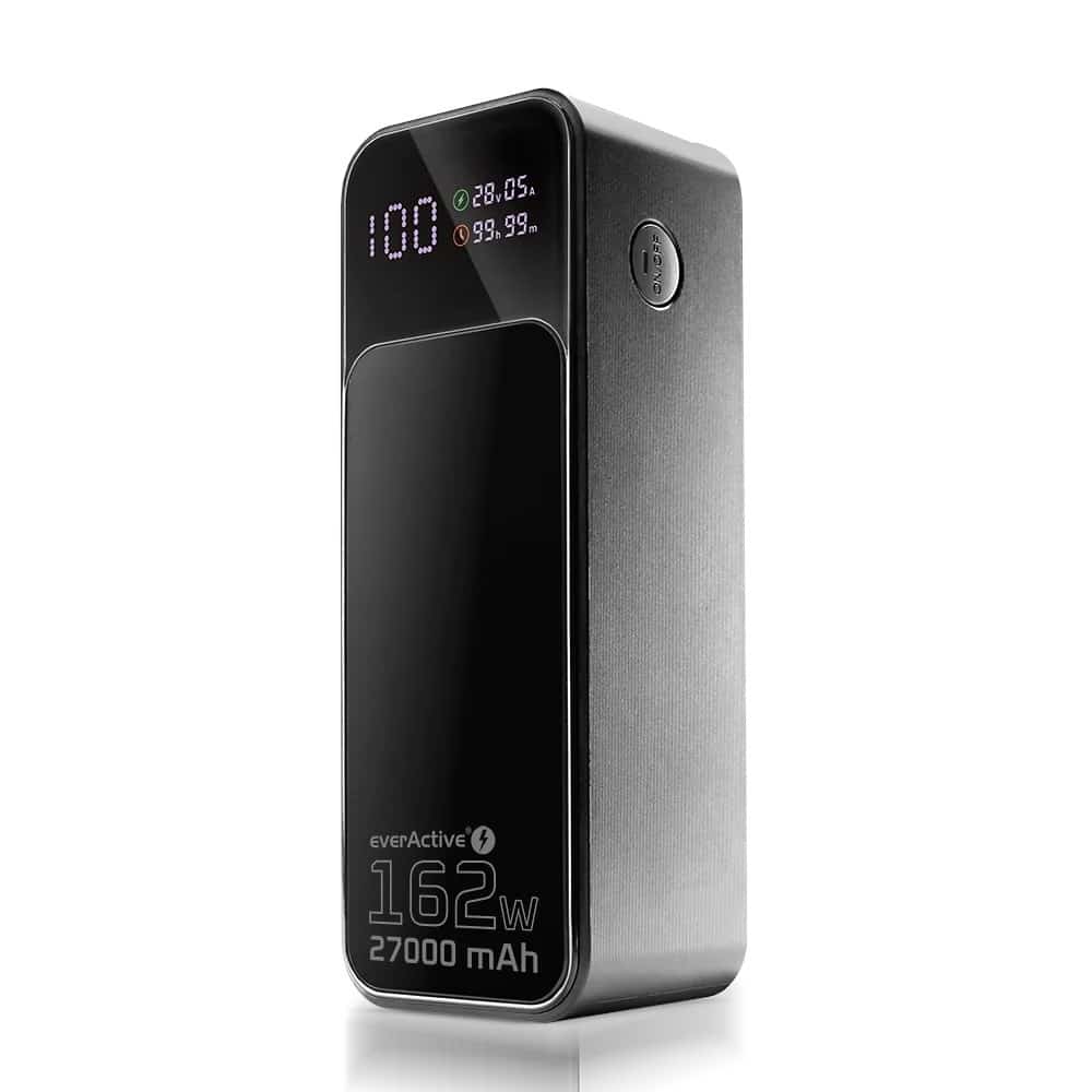 EVERACTIVE POWERBANK 27 000MAH, 1X USB, 2X USB-C, 162,5W, QC4+, WBUDOWANA LATARKA, WYŚWIETLACZ LCD, CZARNY EB-27Q