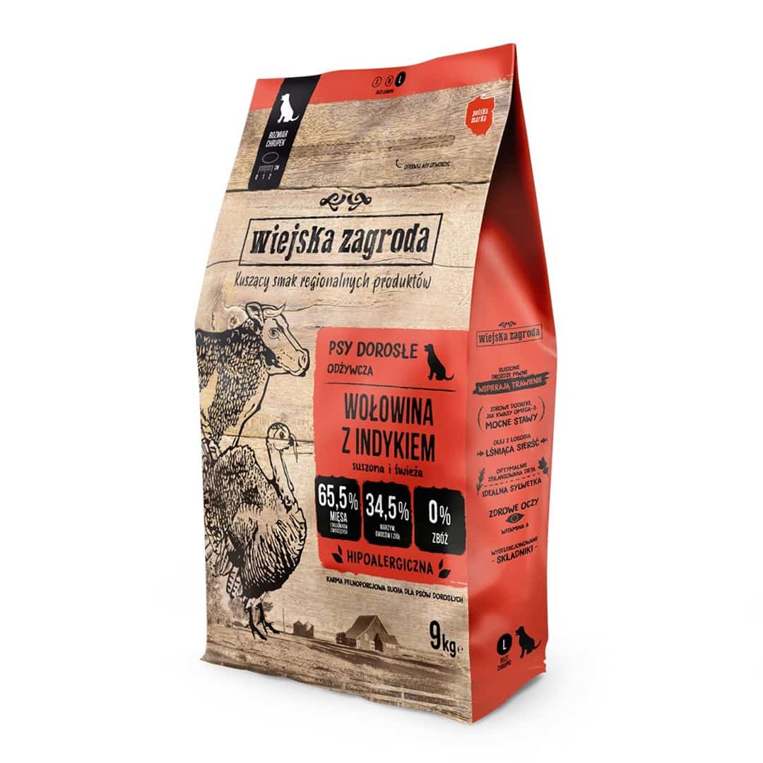 Wiejska Zagroda Karma sucha dla psa Wołowina z indykiem (dorosły) chrupki L 9kg