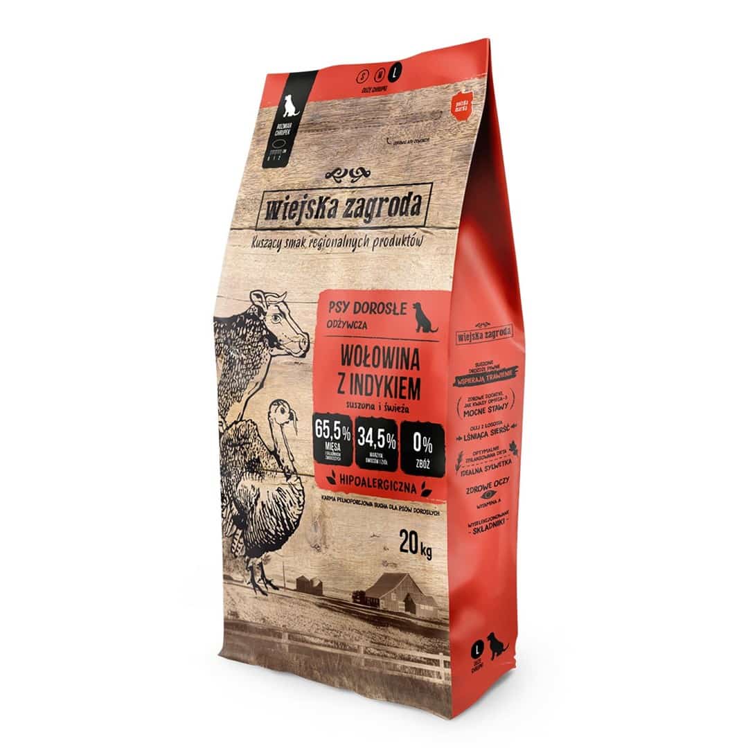 Wiejska Zagroda Karma sucha dla psa Wołowina z indykiem (dorosły) chrupki L 20kg