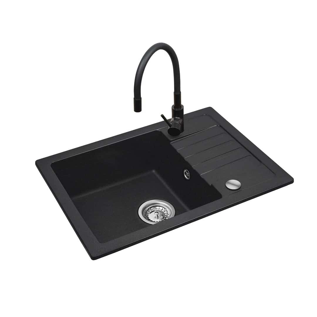 Czarny zestaw zlewozmywak z baterią giętką - zlew MAIDSINKS BALI (62x44) 1B1D czarny + bateria Flessi Black Edition czarna