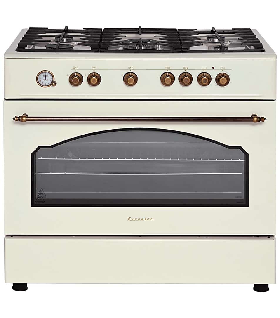Kuchnia gazowo-elektryczna RAVANSON KWGE-90ARC Retro 90 cm | 5 palników + palnik WOK | termoobieg | rożen | kremowy (OUTLET)