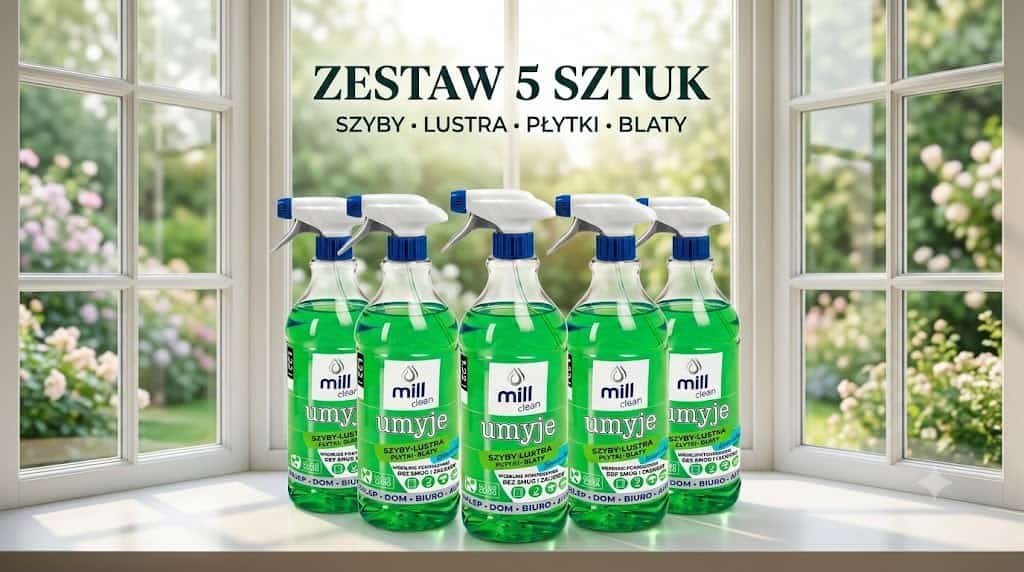 MILL CLEAN UMYJE Płyn do mycia szyb, szkła, luster, glazury bez smug i zacieków, o zapachu Konwalii  1,22l ( 4 sztuki+1 sztuka za 1 zł)