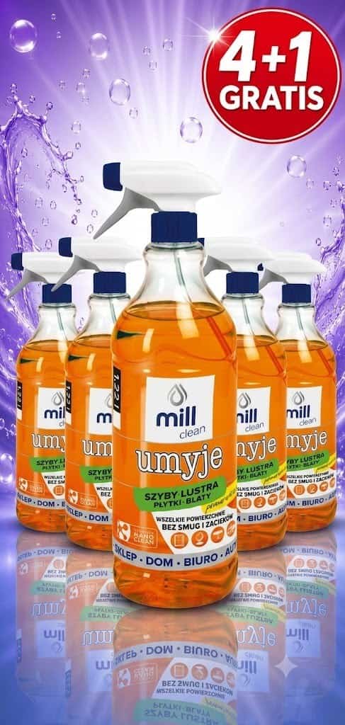 MILL CLEAN UMYJE Płyn do mycia szyb, luster, glazury o zapachu Pomarańczy 1,22l ( 4 sztuki+1 sztuka za 1 zł)