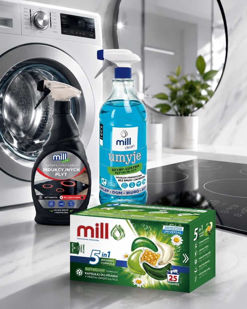 Zestaw: MILL PRO Kapsułki do prania+Płyn do szyb+Środek do płyt indukcyjnych