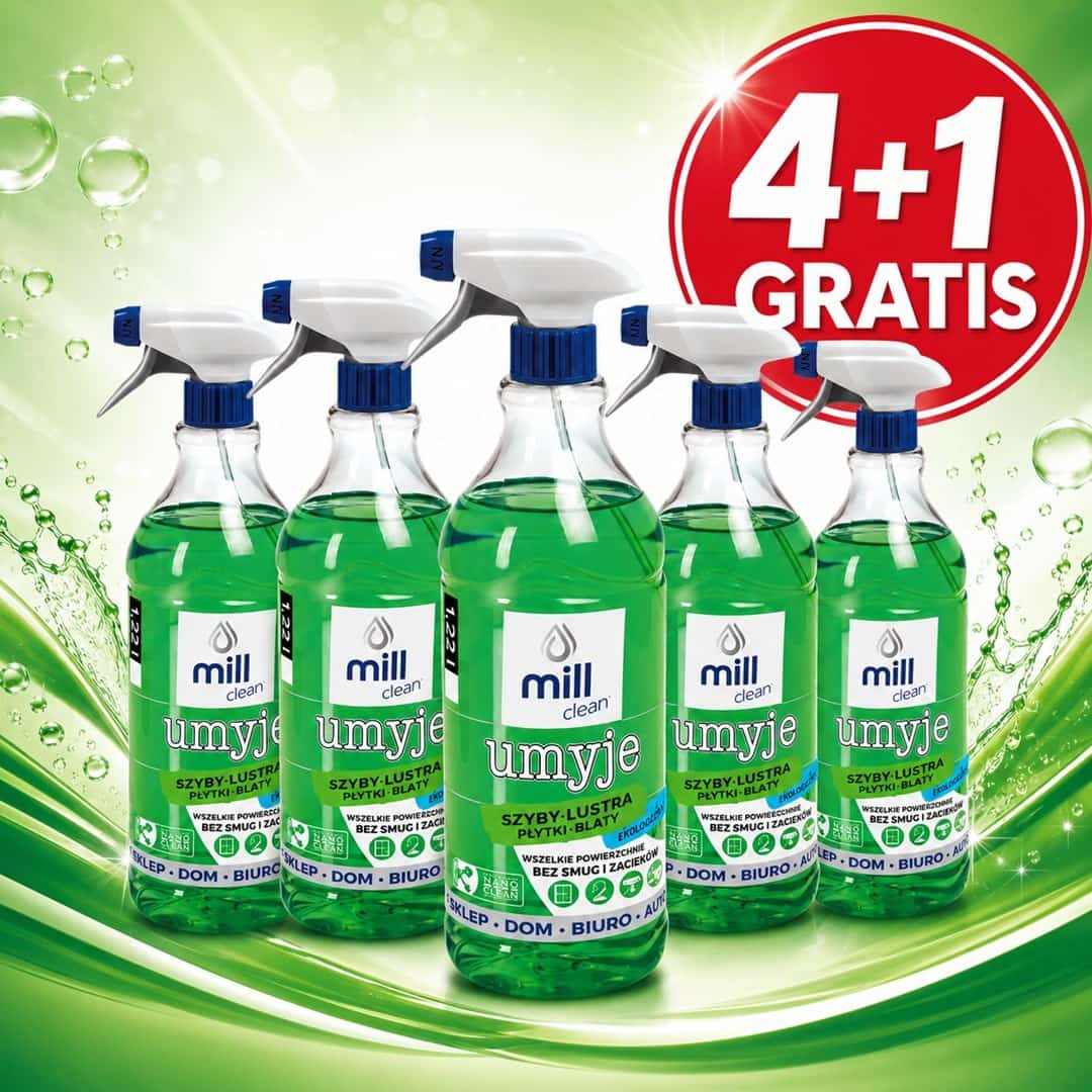 MILL CLEAN UMYJE Płyn do mycia szyb, szkła, luster, glazury bez smug i zacieków, o zapachu Konwalii  1,22l ( 4 sztuki+1 sztuka za 1 zł)