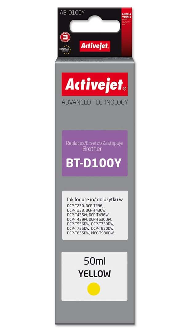 Activejet AB-D100Y Buteleczka z tuszem z atramentem (zamiennik Brother  BT-D100Y; Supreme; 50 ml; żółty)