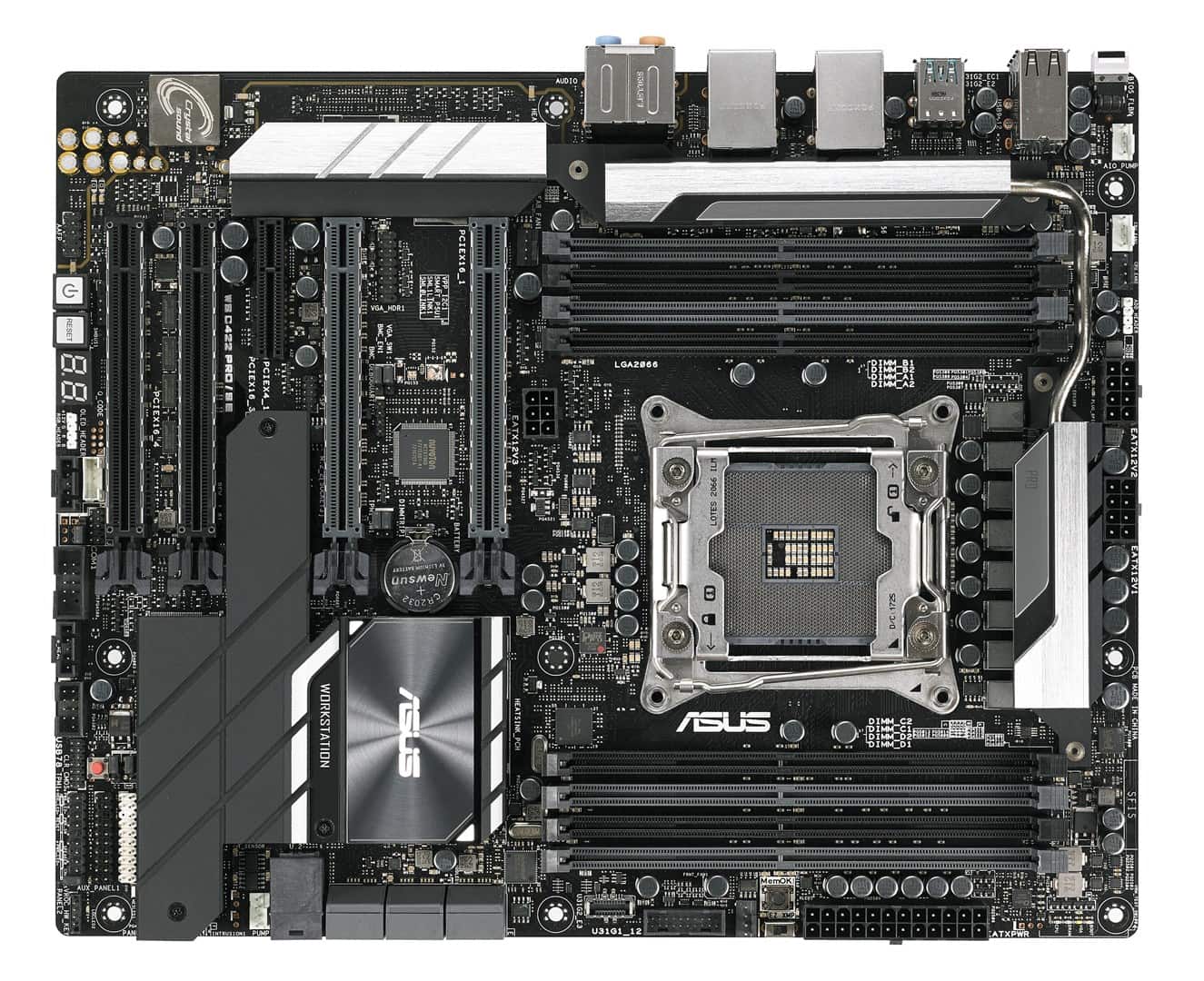 ASUS WS C422 PRO/SE 1xIntel Socket 2066, Chipset C422, 8x DDR4 2666 RDIMM/LRDIMM, ASPEED AST2500 64MB, 5x PCIe 3.0, 2x M.2, 1x U.2, 6xSATA, 2 x 1Gb Intel I210-AT, Realtek ALC S1220A, 6x USB 3.1 Gen 1, 2x USB 3.1 Gen 2, 6x USB 2.0, ASMB9-iKVM, ASUS Control — zdjęcie 1 z 8