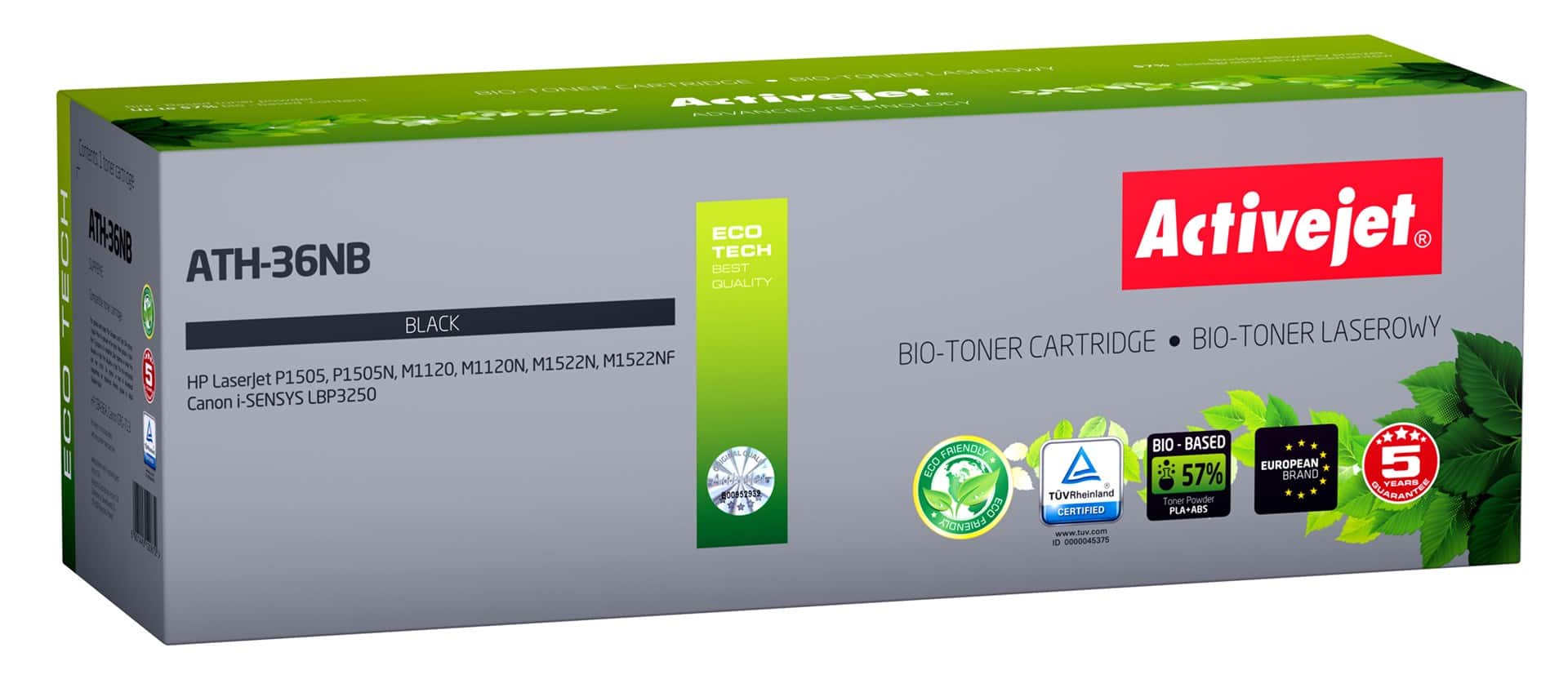 BIO Activejet ATH-36NB Toner (zamiennik HP 36A CB436A, Canon CRG-713; Supreme; 2000 stron; czarny). ECO Toner. Proszek w tonerze jest biodegradowalny. 57% Tonera jest pochodzenia biologicznego. — zdjęcie 1 z 2