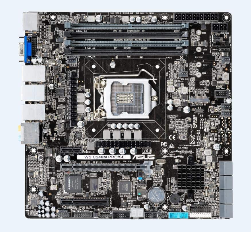 ASUS WS C246M PRO/SE, 1 x Socket LGA1151, Intel C246 Chipset,4x DDR4 2666  UDIMM non-ECC/ECC, 3x PCIe 3.0, 8x SATA, Intel Rapid Storage Technology, 1x Intel® I210AT + 1 xMgmt LAN, 1x i219-LM, 2x USB 2.0, 1x USB 3.0, 1x M.2, 1x VGA Header, micro-ATX — zdjęcie 1 z 7