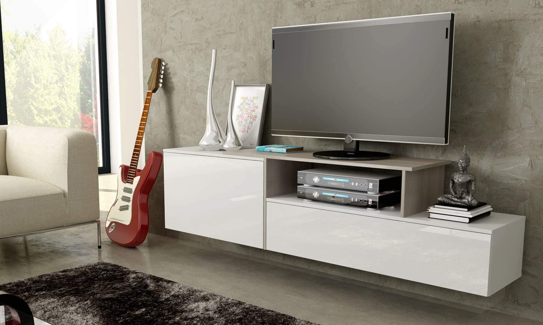 Szafka RTV SIGMA3 180 biały/biały połysk + sonoma — zdjęcie 1 z 5