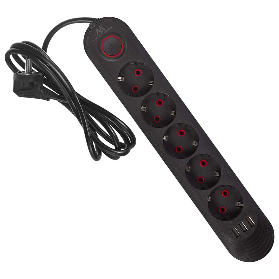 MACLEAN MCE395 B - Listwa zasilająca 5 gniazd + 3 USB, 1,5m — zdjęcie 1 z 8