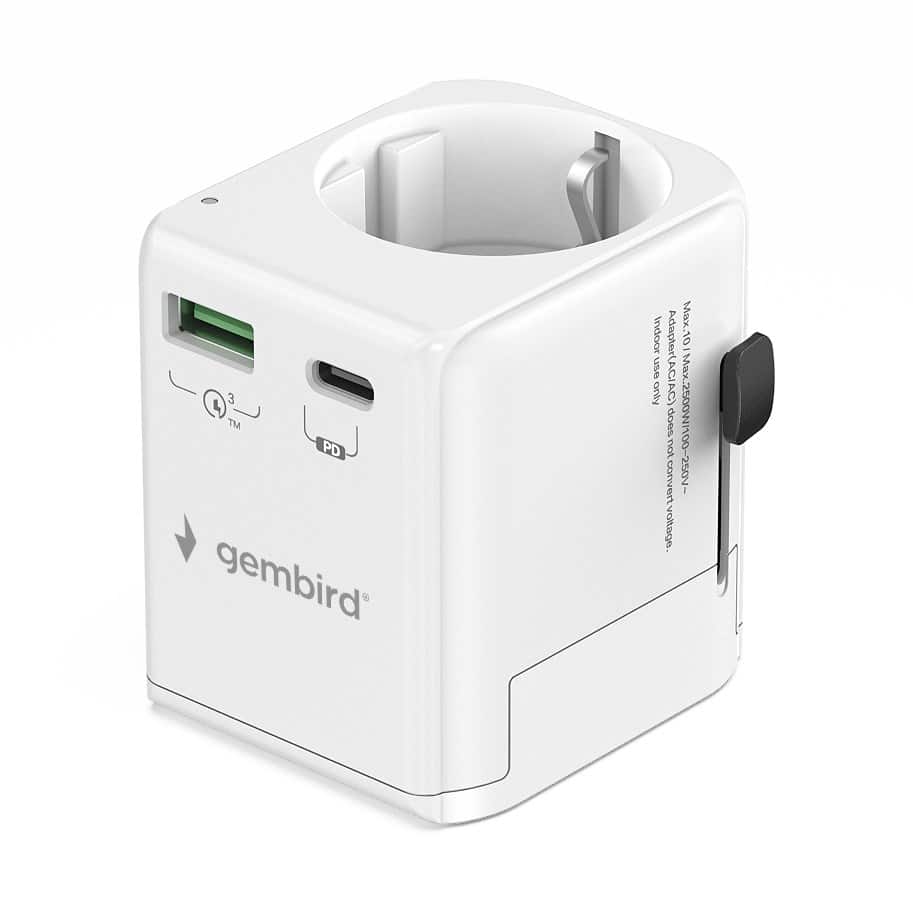 GEMBIRD UNIWERSALNY ADAPTER PODRÓŻNY Z UZIEMIENIEM 20 W, BIAŁY — zdjęcie 1 z 8