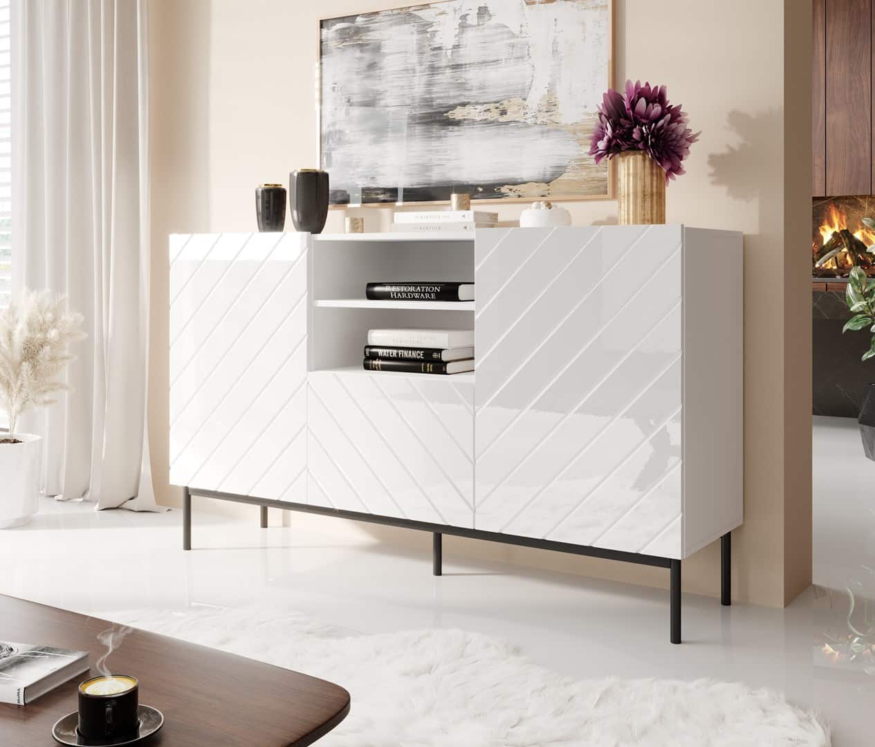 Komoda ABETO 150x42x90 biały/biały połysk