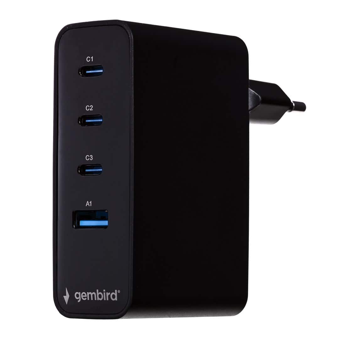 GEMBIRD 4-PORTOWA SZYBKA ŁADOWARKA SIECIOWA GAN (PD) USB (3X USB-A + 1X USB TYP-C) 100W, CZARNA — zdjęcie 1 z 5