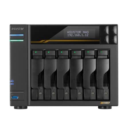 NAS Asustor AS6806T; Tower; 6x (3.5" SATA HDD/ 2.5" SSD); AMD Ryzen Embedded V3C14; 16G ECC DDR5 SODIMM (max. 64GB), 2x 10GbE, 2x 5GbE, 4x M.2 2280 NVMe PCIe 4.0, 2x USB4, 2x USB 3.2 Gen, 1x optional 10 GbE card — zdjęcie 1 z 2