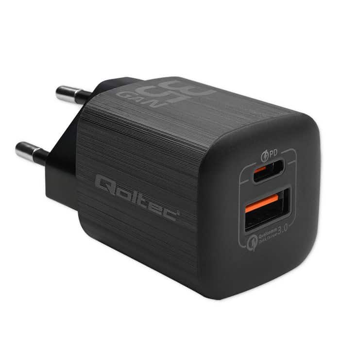 QOLTEC ŁADOWARKA SIECIOWA 35W GAN ULTRA | 5-20V | 2.25-3A | 1 X USB TYP C PD | 1 X USB QV 3.0 | CZARNA — zdjęcie 1 z 4