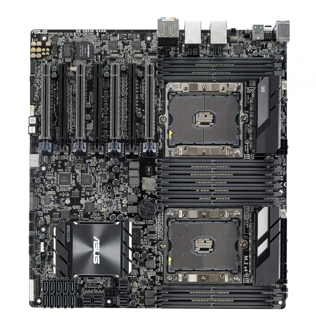 ASUS WS C621E SAGE, Intel  C621,  2x Intel Socket P(LGA 3647), 12x DDR4 2933 RDIMM/LRDIMM, 7 x PCIe 3.0, 10 x SATA III, 4xU.2, 1x M.2 Socket 3, 2x1Gb Intel I210-AT, 2xUSB 3.1 Gen 2, 8xUSB 3.1 Gen 1, 4xUSB 2.0, EEB — zdjęcie 1 z 5