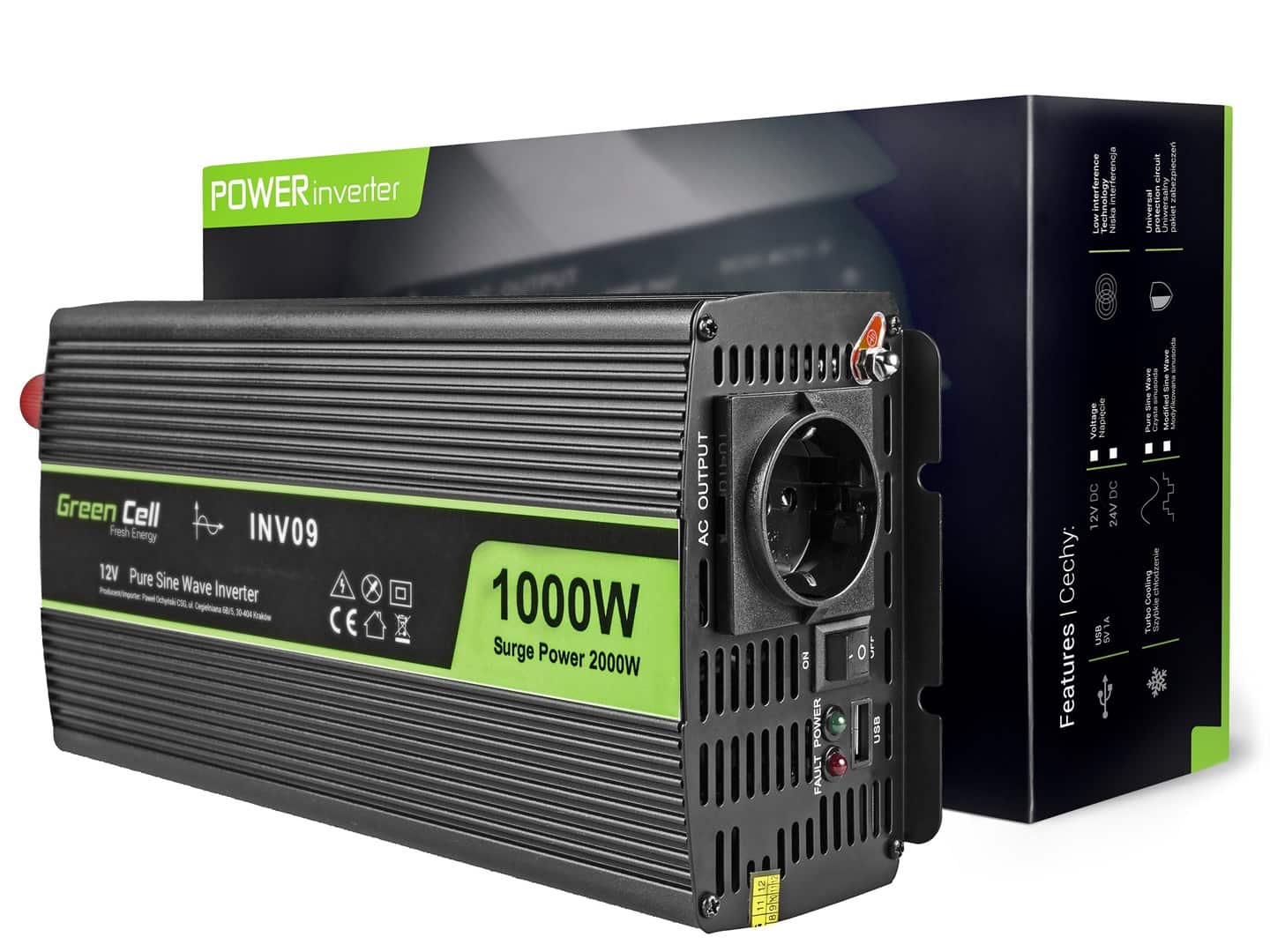 GREEN CELL PRZETWORNICA INV09 12V-230V 1000W/2000W CZYSTA SINUSOIDA — zdjęcie 1 z 5