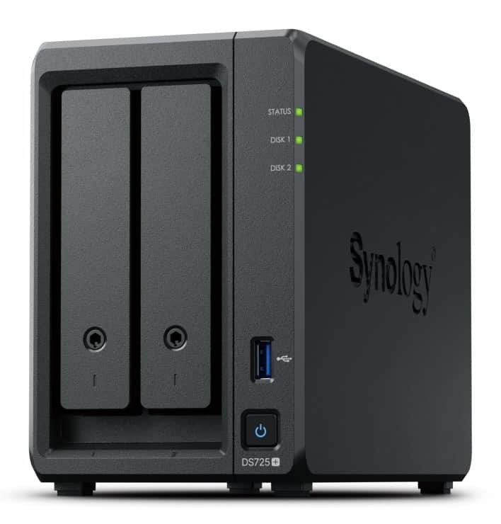 NAS Synology DS725+, Tower, 2x 2.5"/3.5" SATA + 2x M.2 2280 NVMe SSD; AMD Ryzen R1600; 4GB DDR4 (max.32GB), 1x 1GbE RJ-45, 1x 2.5GbE RJ-45, 1x USB 3.2, adapter 65W