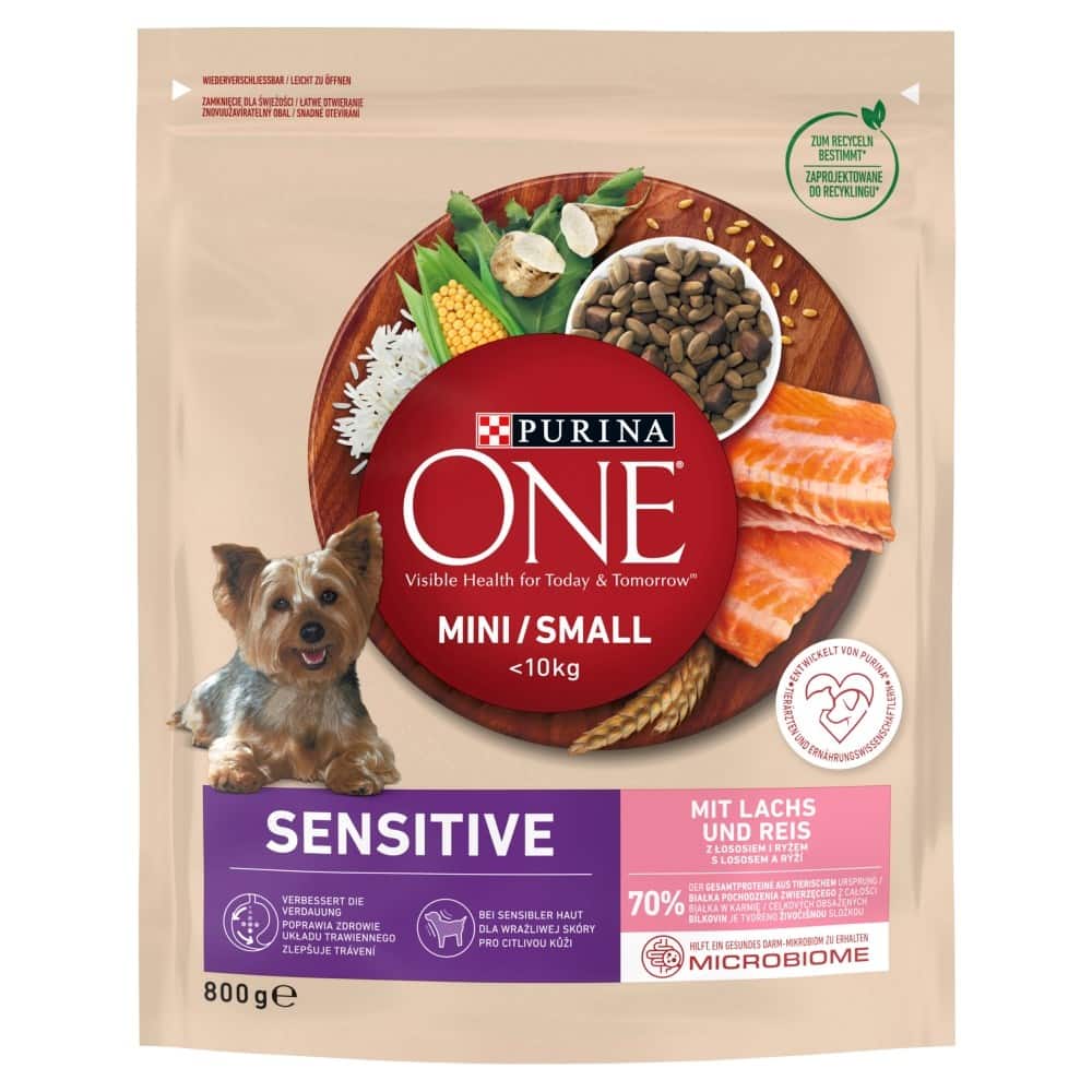 PURINA One Mini/Small Sensitive Łosoś, ryż - sucha karma dla psa - 800 g — zdjęcie 1 z 7